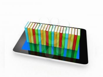 tablet pc and colorful real books on white background