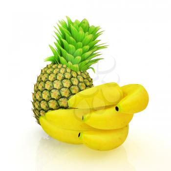 pineapple and bananas on a white background