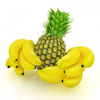 pineapple and bananas on a white background