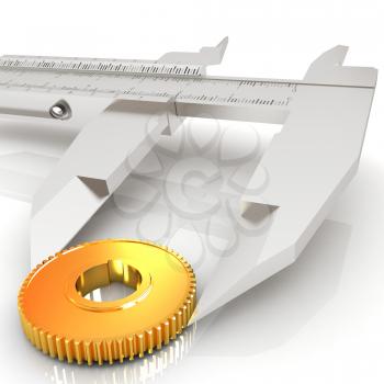 Vernier caliper measures the cogwheel on a white background