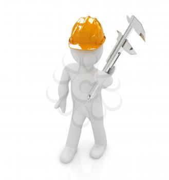 3d man engineer in hard hat with vernier caliper on a white background