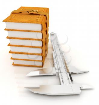 Vernier caliper and leather professional books. Best professional knowledge concept on a white background