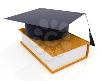 Graduation hat on a leather book on a white background