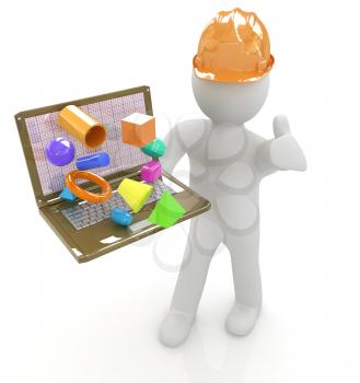 3D small people - an engineer with the laptop presents 3D capabilities on a white background