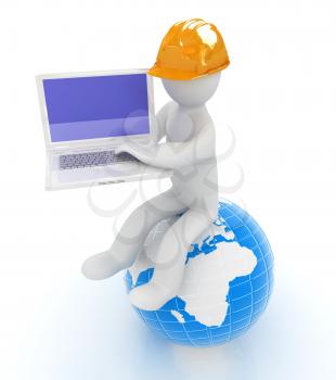 3d man in a hard hat sitting on earth and working at his laptop on a white background