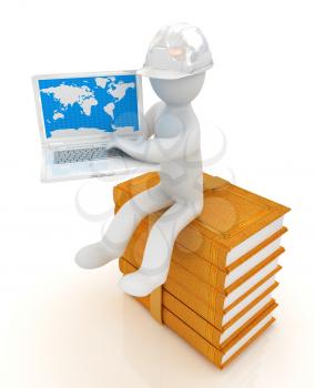 3d man in hard hat sitting on books and working at his laptop on a white background