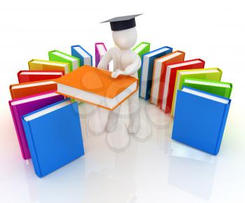 3d white man in a graduation hat with useful books - best gift a student on a white background