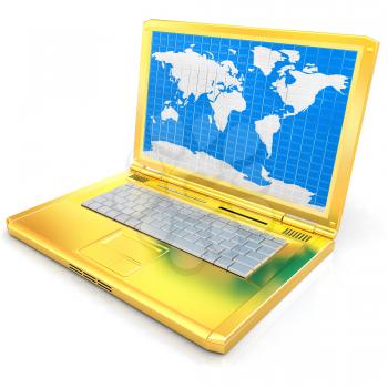 Gold laptop with world map on screen on a white background