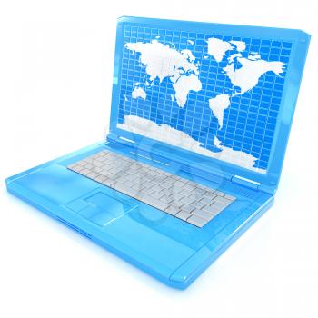 Laptop with world map on screen on a white background