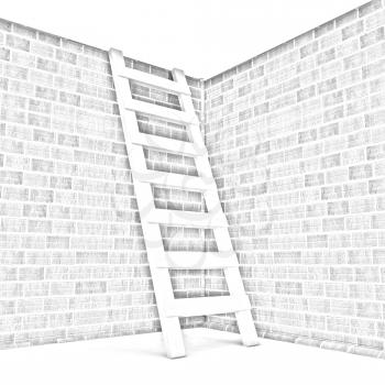 Ladder leans on brick wall on a white background