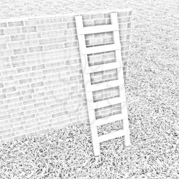 Ladder leans on brick wall on a green grass