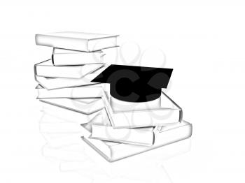 Graduation hat with books on a white background