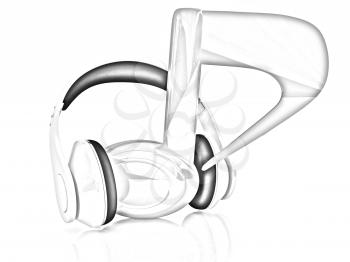 headphones and 3d note on a white background