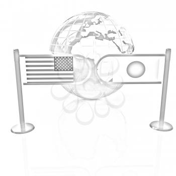 Three-dimensional image of the turnstile and flags of USA and Japan on a white background 