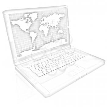 Laptop with world map on screen on a white background