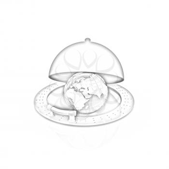 Earth globe on glossy silver dish under food cover over isolated on white 