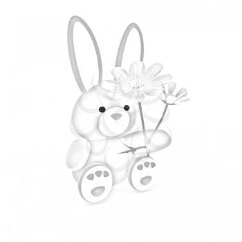 soft toy hare with a little red hearts on white paws and cosmos flower on a white background