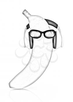 banana with sun glass and headphones front face on a white background