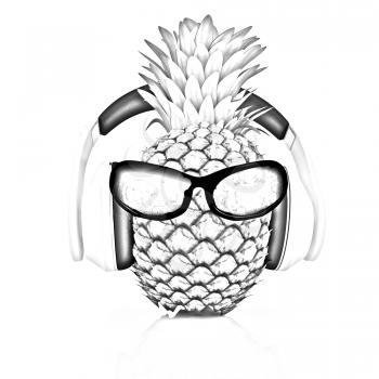 Pineapple with sun glass and headphones front face on a white background