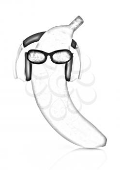 banana with sun glass and headphones front face on a white background