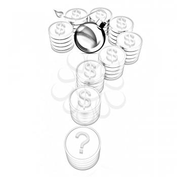 Question mark in the form of gold coins with dollar sign and black bomb burning on a white background