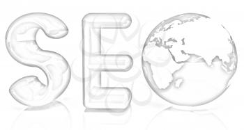 3d illustration of text 'SEO' with earth globe on a white background