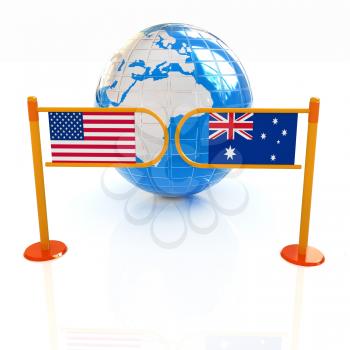 Three-dimensional image of the turnstile and flags of USA and Australia on a white background 