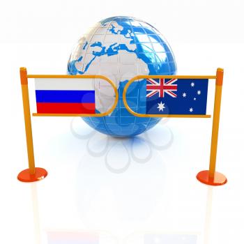 Three-dimensional image of the turnstile and flags of Russia and Australia on a white background 