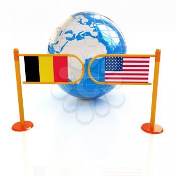 Three-dimensional image of the turnstile and flags of USA and Belgium on a white background 