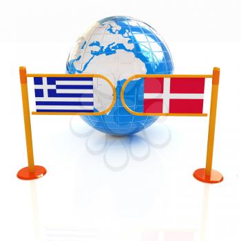 Three-dimensional image of the turnstile and flags of Denmark and Greece on a white background 