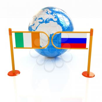 Three-dimensional image of the turnstile and flags of Ireland and Russia on a white background 