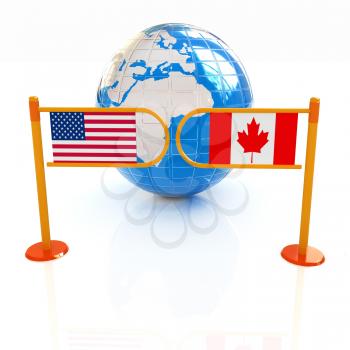 Three-dimensional image of the turnstile and flags of USA and Canada on a white background 