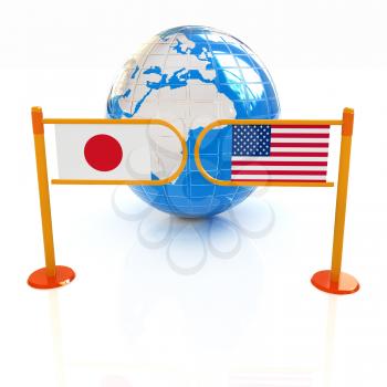 Three-dimensional image of the turnstile and flags of USA and Japan on a white background 