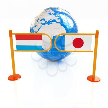 Three-dimensional image of the turnstile and flags of Japan and Luxembourg on a white background 