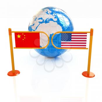 Three-dimensional image of the turnstile and flags of USA and China on a white background 