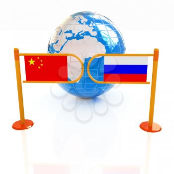 Three-dimensional image of the turnstile and flags of China and Russia on a white background 