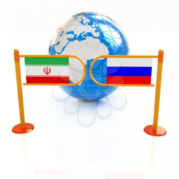 Three-dimensional image of the turnstile and flags of Russia and Iran on a white background 