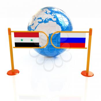 Three-dimensional image of the turnstile and flags of Russia and Syria on a white background 