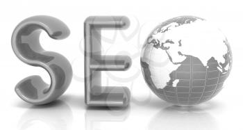 3d illustration of text 'SEO' with earth globe on a white background