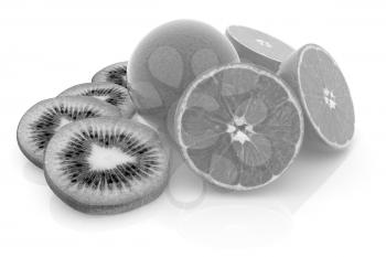 slices of kiwi, orange and half orange on a white 