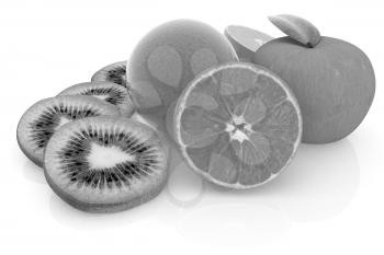 slices of kiwi, apple, orange and half orange on a white 