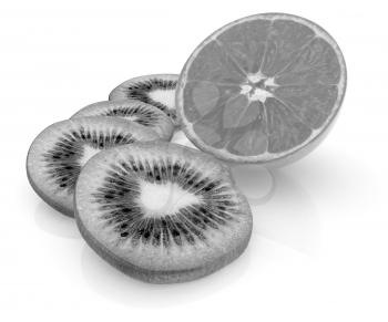 slices of kiwi and half orange on a white 