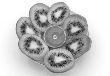 slices of kiwi and orange on a white background