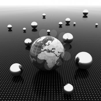 Earth and ball on light path to infinity. 3d render 