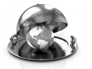 Earth globe on glossy golden salver dish under a golden cover on a white background