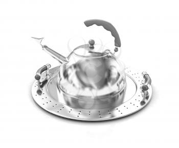 Chrome teapot on platter on a white background