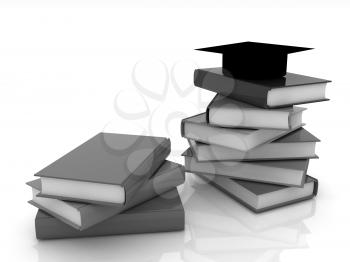 Graduation hat with books on a white background