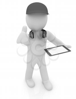 3d white man in a red peaked cap with thumb up, tablet pc and headphones on a white background