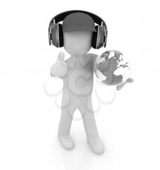 3d white man in a red peaked cap with thumb up, tablet pc and headphones. Global concept with blue earth 