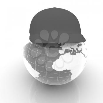 Earth in a red peaked cap. 3d icon. Concept: Summer Holidays and travel on a white background